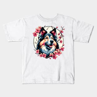 Portuguese Sheepdog Enjoys Spring Amidst Cherry Blossoms Kids T-Shirt